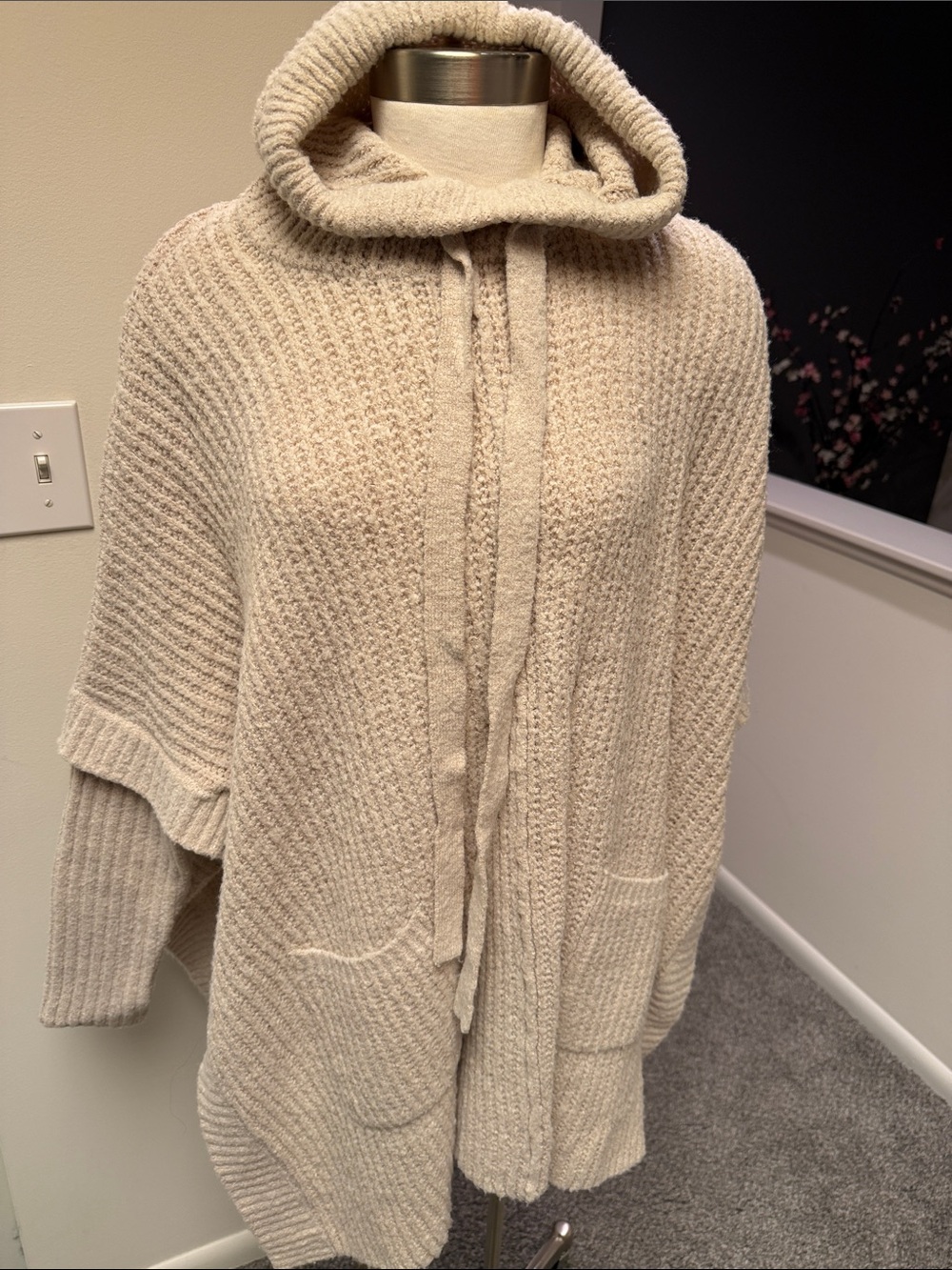 Cozy Hooded Knit Poncho in Cream